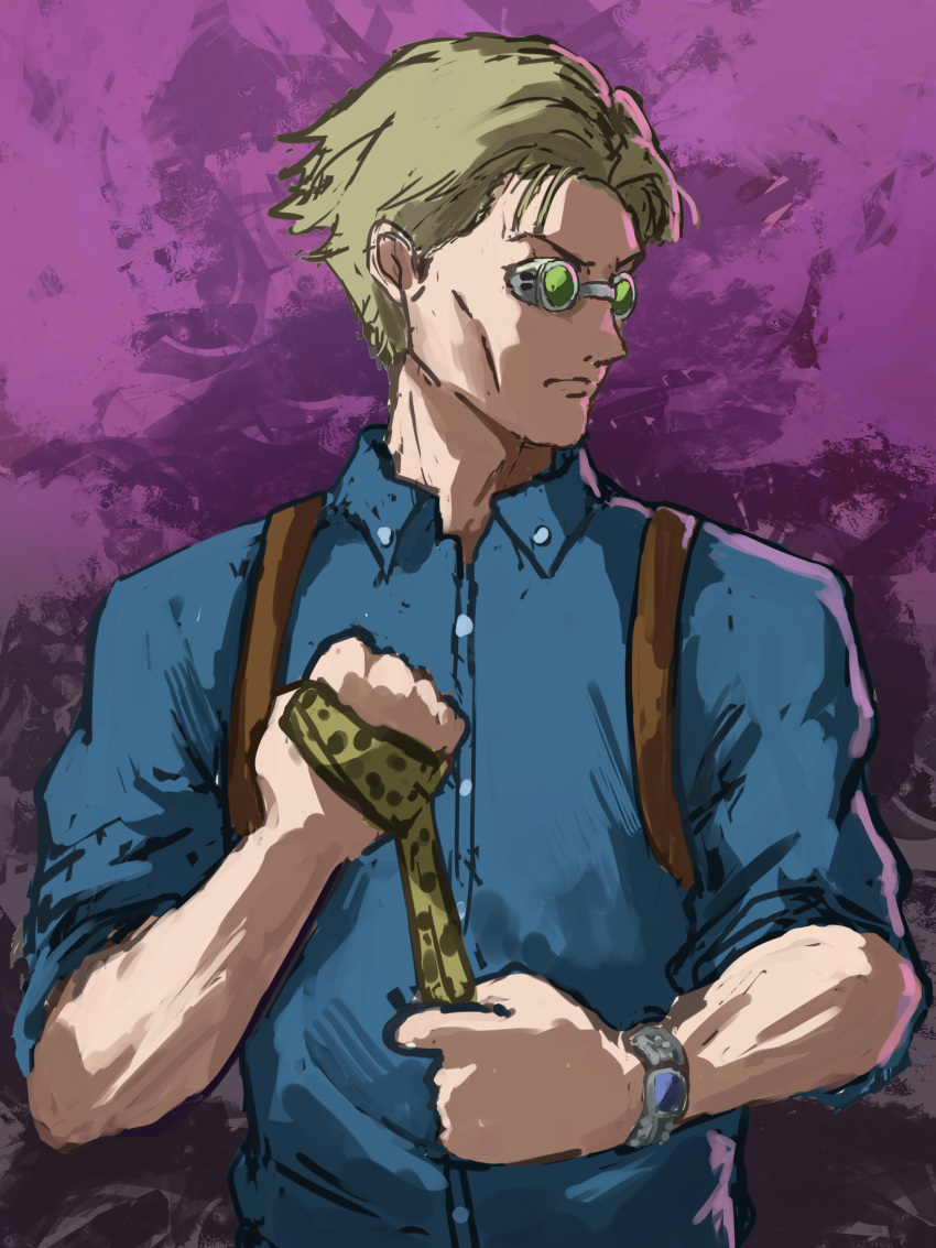1boy blonde_hair blue_shirt buttons cheekbones clenched_hand clip_studio_paint_(medium) closed_mouth collared_shirt dress_shirt expressionless goggles green-tinted_eyewear hand_wraps highres jujutsu_kaisen long_sleeves looking_to_the_side making-of_available male_focus nanami_kento open_collar purple_background ryoha_kosako shirt short_hair sleeves_rolled_up solo tinted_eyewear upper_body video_thumbnail watch watch