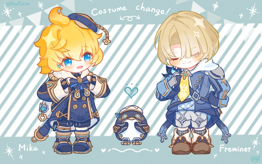 2boys :d ahoge arrow_(symbol) artist_name beret black_socks blonde_hair blue_background blue_bow blue_bowtie blue_eyes blue_footwear blue_headwear blue_jacket blue_shorts blush boots bow bowtie brooch brown_footwear buttons character_name closed_eyes closed_mouth commentary_request cosplay costume_switch double-breasted eyes_visible_through_hair fold-over_boots freminet_(genshin_impact) freminet_(genshin_impact)_(cosplay) genshin_impact gold_trim grey_shorts hair_between_eyes hair_over_one_eye hands_up hat heart highres hood hood_down hoodie jacket jewelry kmpukka long_sleeves male_focus mika_(genshin_impact) mika_(genshin_impact)_(cosplay) multiple_boys necktie non-humanoid_robot open_clothes open_jacket open_mouth pers_(genshin_impact) robot robot_animal short_hair short_shorts shorts sidelocks simple_background sleeve_cuffs smile socks sparkle tilted_headwear twitter_username u_u white_background white_hoodie yellow_necktie
