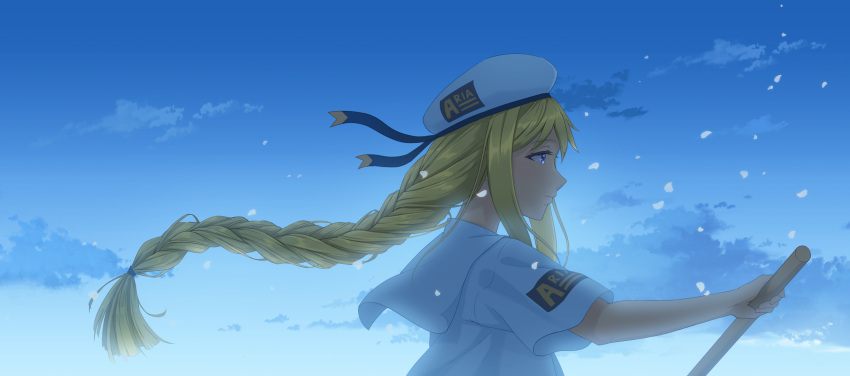 1girl absurdres alicia_florence aria_(manga) aria_company_uniform beret blue_background blue_eyes blue_ribbon blue_sky braid braided_ponytail bread_fqy closed_mouth clouds cloudy_sky eyelashes falling_petals from_side gradient_sky hat hat_ribbon highres holding holding_oar long_hair looking_to_the_side oar outdoors parted_bangs petals ribbon sailor_collar short_sleeves sidelocks sky solo upper_body white_headwear