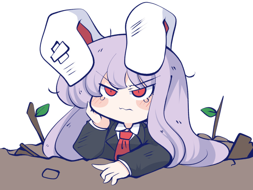 1girl animal_ears bandaid_on_ear black_vest blazer blush chahan_(fried_rice0614) chibi collared_shirt commentary_request crying crying_with_eyes_open hand_on_own_cheek hand_on_own_face jacket leaf long_hair long_sleeves necktie on_ground purple_hair rabbit_ears rabbit_girl red_eyes red_necktie reisen_udongein_inaba shirt simple_background solo tears touhou twig upper_body vest wavy_mouth white_background