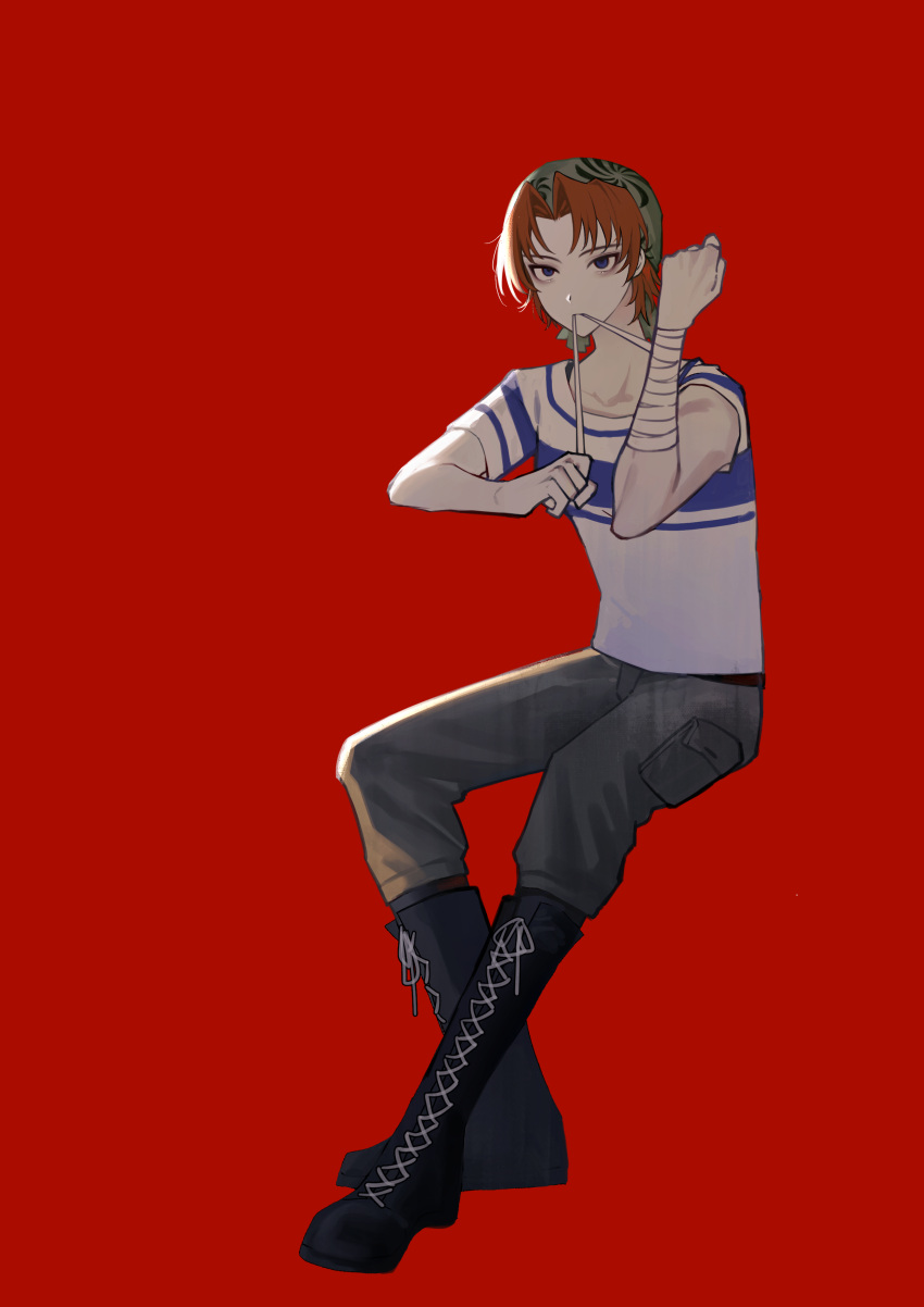 1girl absurdres annie_(saibou_shinkyoku) bandaged_arm bandages bandana black_footwear blue_eyes boots chinese_commentary commentary_request cross-laced_footwear green_bandana grey_pants highres invisible_chair kyoko_(akakikyoko) lace-up_boots pants parted_bangs print_bandana red_background redhead saibou_shinkyoku shirt short_hair short_sleeves simple_background sitting solo white_shirt