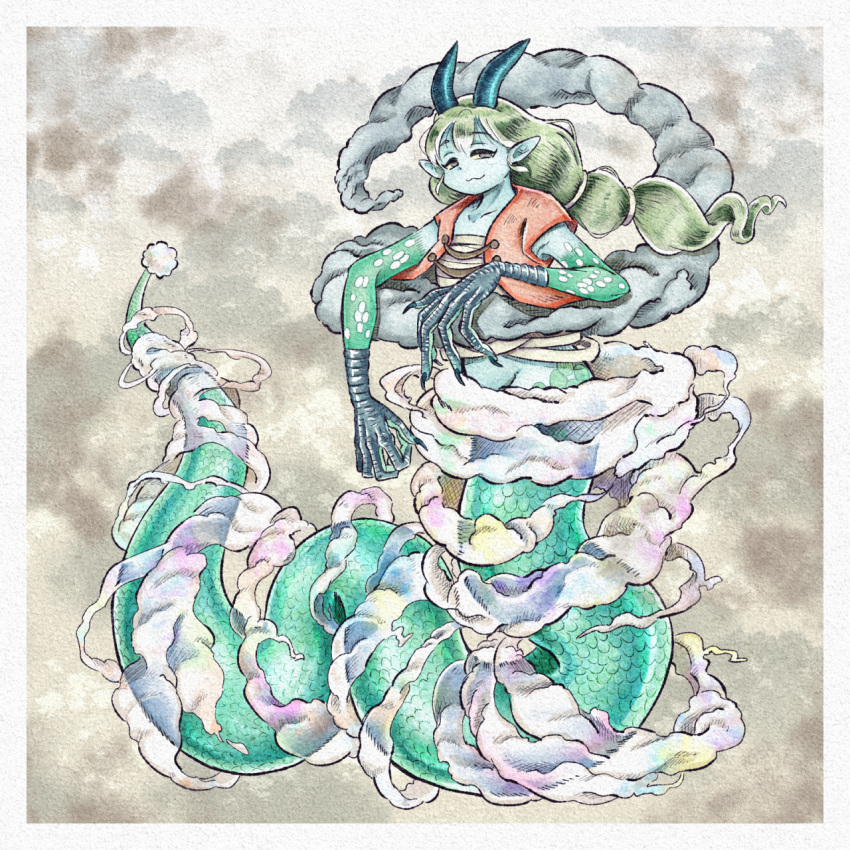1girl :3 blue_horns blue_skin brown_background chikafumikou claws closed_mouth clouds colored_sclera colored_skin dragon_girl dragon_horns full_body fur-tipped_tail green_hair green_scales green_skin grey_eyes highres horns jacket long_fingers long_hair looking_at_viewer low-tied_long_hair monster_girl original pointy_ears red_jacket sarashi scales short_sleeves solo yellow_sclera
