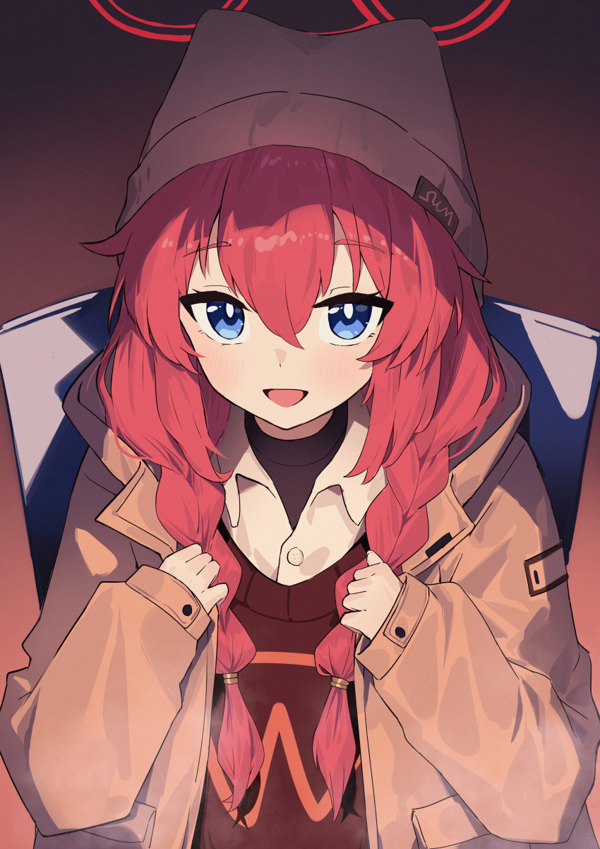 1girl :d absurdres backpack bag beanie blue_archive blue_eyes brown_coat brown_sweater coat commentary hair_between_eyes halo hat highres long_hair long_sleeves looking_at_viewer maki_(blue_archive) maki_(camp)_(blue_archive) official_alternate_costume open_mouth red_halo redhead shirt smile solo sweater upper_body white_headwear white_shirt yuku~