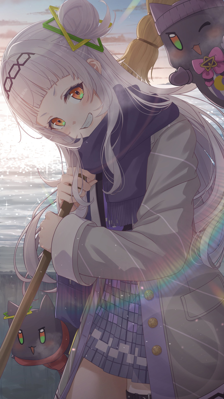 1girl absurdres blunt_bangs blush broom coat grey_hair grin hair_bun hair_ornament headband highres holding holding_broom hololive lens_flare looking_at_viewer murasaki_shion ocean orange_eyes scarf shima6644 sky smile solo thigh-highs virtual_youtuber winter_clothes winter_coat