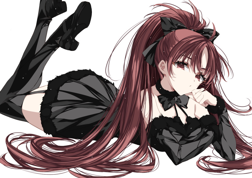 bare_shoulders black_bow black_dress black_necktie black_thighhighs bow collar covering_mouth detached_sleeves dress fur-trimmed_dress fur-trimmed_sleeves fur_trim garter_straps hair_bow hand_over_own_mouth high_heels highres long_hair lying mahou_shoujo_madoka_magica misteor necktie on_stomach ponytail red_eyes redhead sakura_kyoko simple_background slit_pupils thigh-highs white_background