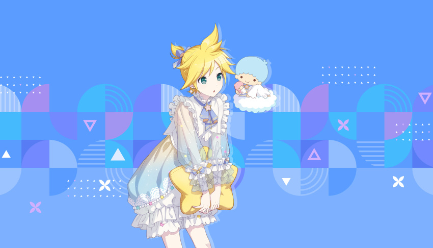 1boy ascot blonde_hair bloomers blue_ascot blue_background blue_hair blue_ribbon brooch buttons capelet character_doll closed_mouth clouds colorful_palette diagonal_stripes dot_nose double_horizontal_stripe feet_out_of_frame frilled_capelet frilled_nightgown frilled_sleeves frills glitter green_eyes hair_ribbon high_ponytail highres jewelry kagamine_len kiki_(little_twin_stars) light_blue_background light_blue_hair little_twin_stars long_sleeves looking_at_another male_focus nightgown no_nose official_art parted_bangs parted_lips patterned_clothing pillow project_sekai ribbon sanrio see-through see-through_sleeves short_ponytail simple_background sleepwear smile solid_circle_eyes star_brooch star_pillow striped striped_background third-party_source triangle v_arms vertical_stripes vocaloid white_bloomers white_capelet white_nightgown wide-eyed wrist_bow