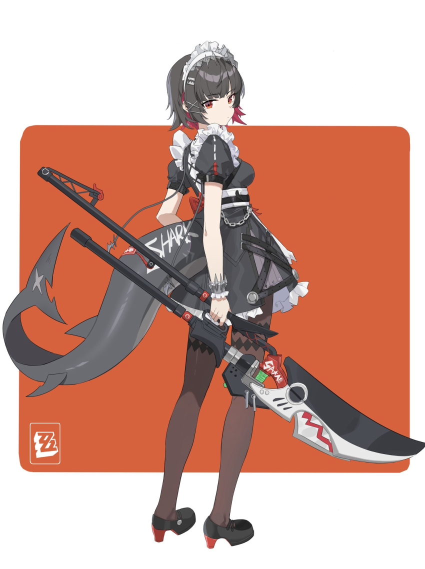 1girl black_dress black_footwear black_hair breasts brown_pantyhose chenmu_sora closed_mouth dress ellen_joe fins fish_tail full_body guan_dao hair_ornament hairclip high_heels highres holding holding_polearm holding_weapon looking_at_viewer looking_to_the_side maid_headdress medium_breasts multicolored_hair pantyhose polearm red_background red_eyes redhead shark_tail shoes short_hair solo standing tail two-tone_background two-tone_hair weapon white_background wrist_cuffs x_hair_ornament zenless_zone_zero
