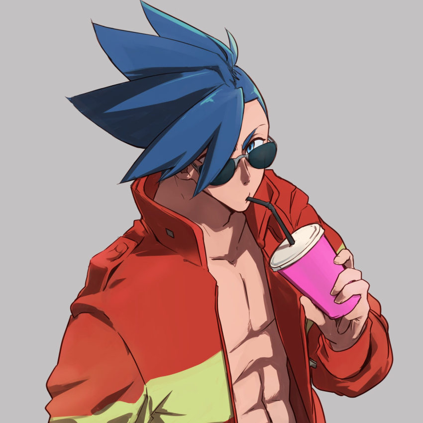 1boy abs aus_vaka bare_pectorals blue_eyes blue_hair cup drinking galo_thymos grey_background hair_over_one_eye highres holding holding_cup jacket looking_at_viewer male_focus mohawk muscular muscular_male open_clothes open_jacket orange_jacket pectorals promare simple_background solo spiky_hair sunglasses upper_body