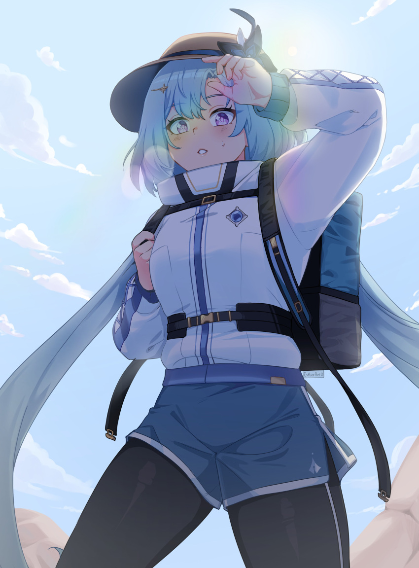 1girl absurdres arm_up backpack bag black_flower black_pantyhose blue_hair blue_shorts blue_sky breasts brown_headwear clouds commentary day english_commentary estherart0 flower griseo hat hat_flower highres holding_strap honkai_(series) honkai_impact_3rd jacket lens_flare long_hair long_sleeves outdoors pantyhose pantyhose_under_shorts parted_bangs puffy_long_sleeves puffy_sleeves short_shorts shorts sky small_breasts solo very_long_hair violet_eyes white_jacket