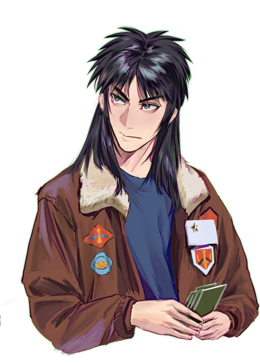 1boy black_hair brown_jacket card closed_mouth cropped_torso grey_eyes grey_shirt highres holding holding_card itou_kaiji jacket kaiji long_hair long_sleeves looking_afar looking_to_the_side male_focus medium_bangs open_clothes open_jacket patch playing_card sanpaku shirt simple_background solo star_(symbol) star_pin upper_body v-shaped_eyebrows white_background zhaiju2