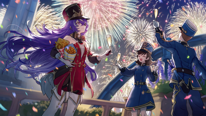1boy 1girl 2girls absurdres bare_shoulders bright_pupils chevreuse_(genshin_impact) detached_sleeves dress earmuffs earmuffs_around_neck eyepatch fireworks food genshin_impact gloves hat highres holding holding_food long_hair mole mole_under_mouth multicolored_hair multiple_girls pointy_hair pokira puffy_detached_sleeves puffy_sleeves purple_hair red_dress second-party_source shako_cap strapless strapless_dress streaked_hair two-tone_dress two-tone_hair very_long_hair violet_eyes white_gloves white_hair white_pupils