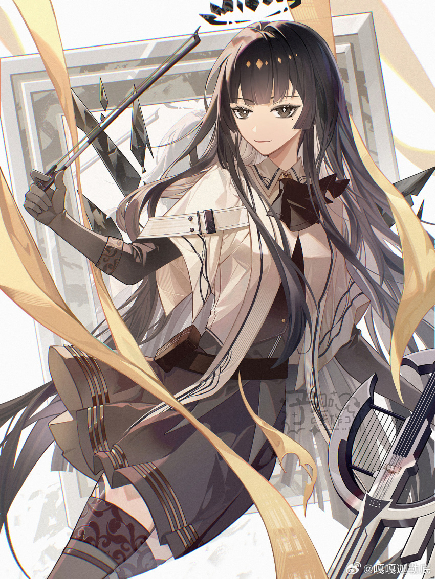 1girl arknights artist_name ascot belt belt_pouch black_ascot black_belt black_bustier black_garter_straps black_gloves black_hair black_halo black_pouch black_skirt black_thighhighs black_wings blunt_bangs bow_(music) breasts bright_pupils broken_halo bustier buttons cello chromatic_aberration closed_mouth collared_jacket commentary cowboy_shot dark_halo detached_wings dress_shirt energy_wings eyelashes film_grain floating floating_clothes floating_hair gagachaldea garter_straps gloves grey_eyes grey_hair grey_shirt halo hand_up highres hime_cut holding holding_bow_(music) instrument jacket layered_sleeves light_smile lips lipstick long_hair long_sleeves looking_at_viewer makeup miniskirt mirror mole mole_under_eye pale_skin pleated_skirt pouch red_lips reflection ribbon shadow shirt short_over_long_sleeves short_sleeved_jacket short_sleeves sidelocks skirt small_breasts solo strap thigh-highs torn_ribbon very_long_hair violin virtuosa_(arknights) watermark weibo_logo weibo_username white_background white_jacket white_pupils wide_sleeves wing_collar wings yellow_ribbon zettai_ryouiki
