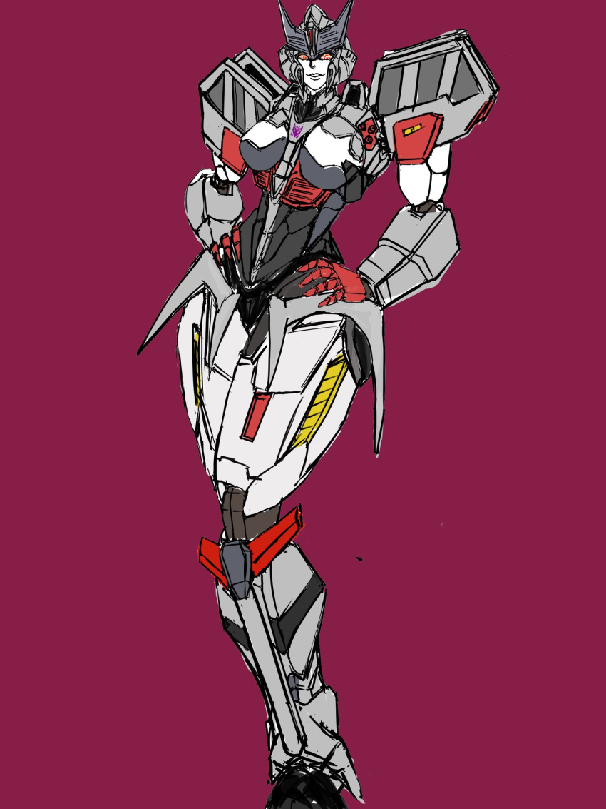 1girl armor breasts decepticon hands_on_own_hips helmet highres humanoid_robot large_breasts looking_at_viewer megaempress pakutama777 red_eyes robot robot_girl shoulder_armor solo thick_thighs thighs transformers