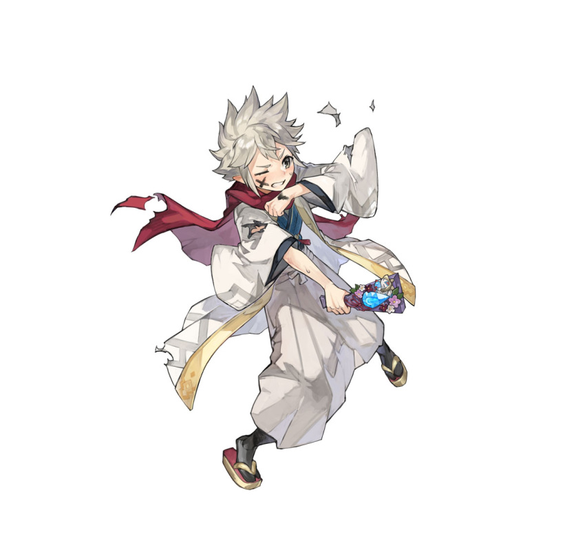 1boy damaged dragonstone facepaint fire_emblem fire_emblem_heroes grey_eyes hagoita japanese_clothes kana_(fire_emblem) kana_(male)_(fire_emblem) kana_(male)_(rising_dragon)_(fire_emblem) kimono official_alternate_costume official_art paddle scarf solo spiky_hair torn_clothes white_hair