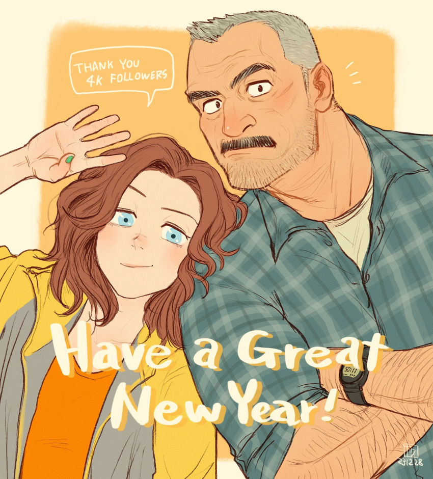 1boy 1girl aaron_gruber_(o_natsuo88) beard_stubble blue_eyes crossed_arms english_text facial_hair green_nails grey_hair happy_new_year head_on_another's_shoulder highres looking_at_viewer madison_(o_natsuo88) mature_male medium_hair mustache nail_polish notice_lines o_natsuo88 old old_man original receding_hairline redhead scar scar_on_cheek scar_on_face shirt short_hair side-by-side simple_background smile speech_bubble thick_eyebrows thick_mustache upper_body watch watch waving wavy_hair wrinkled_skin yellow_background