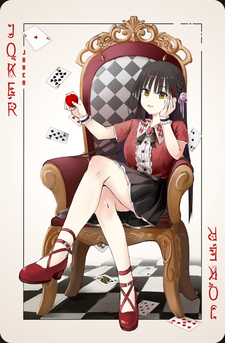 1girl alternate_costume armchair black_hair black_ribbon black_skirt braid cafe_stella_to_shinigami_no_chou card card_(medium) center_frills chair commentary_request crossed_legs eyelashes flower frilled_sleeves frills full_body hair_between_eyes hair_flower hair_ornament hair_ribbon hairclip hand_on_own_cheek hand_on_own_face head_rest highres joker_(playing_card) long_hair looking_at_viewer mary_janes miniskirt mole mole_under_eye neck_ribbon on_chair parted_lips pink_ribbon playing_card pleated_skirt qumai79 red_footwear red_shirt ribbon shiki_natsume shirt shoes short_hair short_sleeves side_braid sitting skirt smile solo tsurime very_long_hair white_flower yellow_eyes