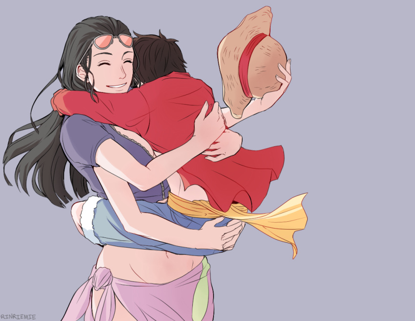 1boy 1girl ^_^ black_hair blue_background blue_jacket blue_shorts carrying carrying_person closed_eyes english_commentary extra_arms eyewear_on_head hair_slicked_back hat hug jacket long_hair loose_hair_strand monkey_d._luffy nico_robin one_piece pink_sarong red_shirt rin_(rinriemie) sarong sash shirt short_hair shorts simple_background smile straw_hat yellow_sash