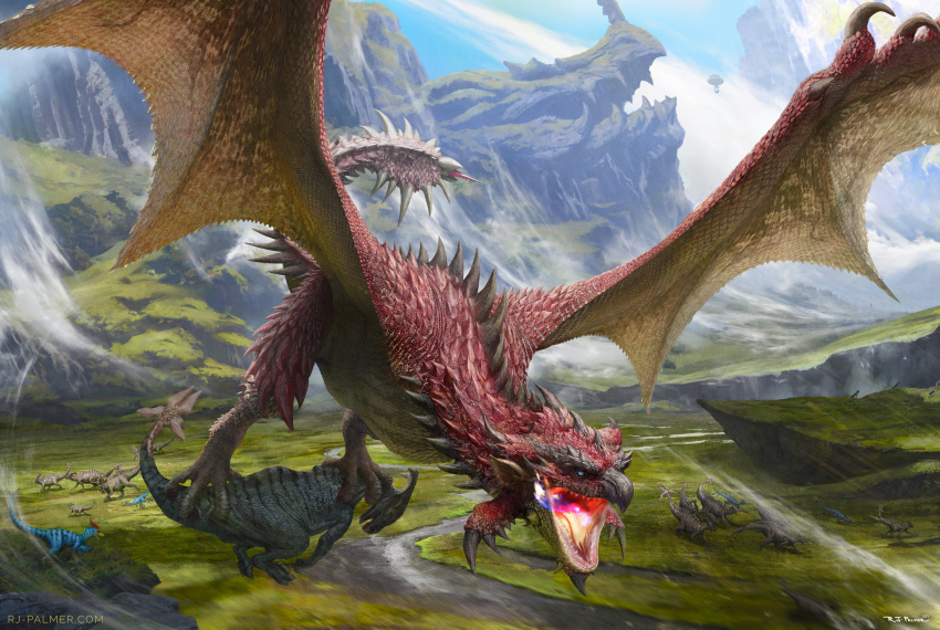 absurdres aircraft animal aptonoth artist_name arvalis blue_eyes blue_scales claws clouds dinosaur dragon dragon_skull fire flying forked_tongue glowing_mouth grass highres holding holding_animal hot_air_balloon monster monster_hunter_(series) mountain no_humans open_mouth rathalos red_scales running sharp_teeth slit_pupils spiked_tail spikes spread_wings stream tail talons teeth tongue valley velocidrome velociprey water wind wyvern