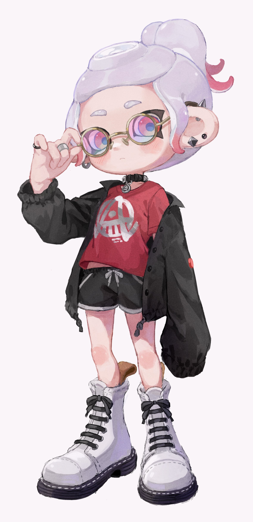 1girl absurdres adjusting_eyewear black_collar black_jacket black_shorts blush closed_mouth collar commentary ear_piercing full_body glasses grey_hair highres jacket jewelry multiple_rings myon_rio octoling octoling_girl open_clothes open_jacket piercing ponytail print_shirt rainbow-tinted_eyewear red_eyes red_shirt ring round_eyewear shirt shoes short_hair short_shorts shorts sleeves_past_fingers sleeves_past_wrists solo splatoon_(series) splatoon_3 standing tentacle_hair thick_eyebrows white_footwear yellow-framed_eyewear
