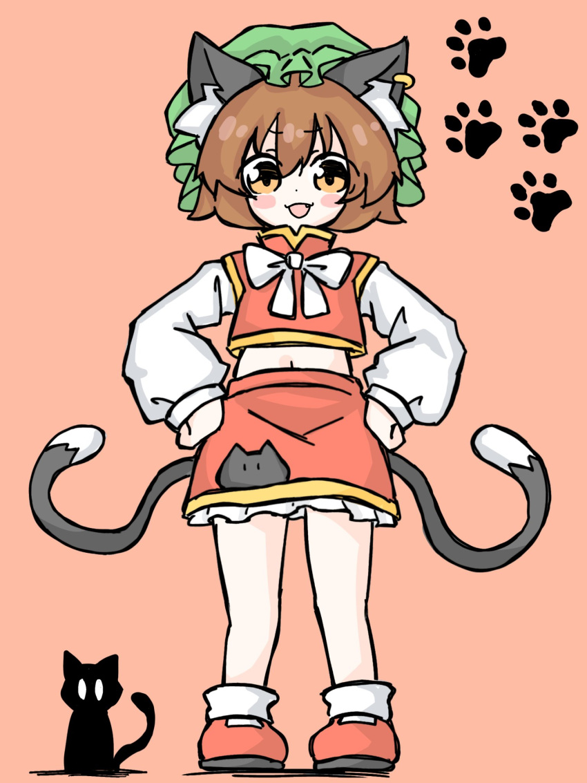 1girl :d animal_ear_fluff animal_ear_piercing animal_ears black_cat blush_stickers bobby_socks bow bowtie brown_eyes brown_hair cat cat_ears cat_tail chen commentary_request earrings fang full_body fumomono green_headwear hands_on_own_hips hat highres jewelry long_sleeves midriff mob_cap multiple_tails navel nekomata petite petticoat pink_background puffy_long_sleeves puffy_sleeves red_skirt red_vest short_hair simple_background single_earring skirt skirt_set smile smug socks solo tail touhou two_tails v-shaped_eyebrows vest white_bow white_bowtie
