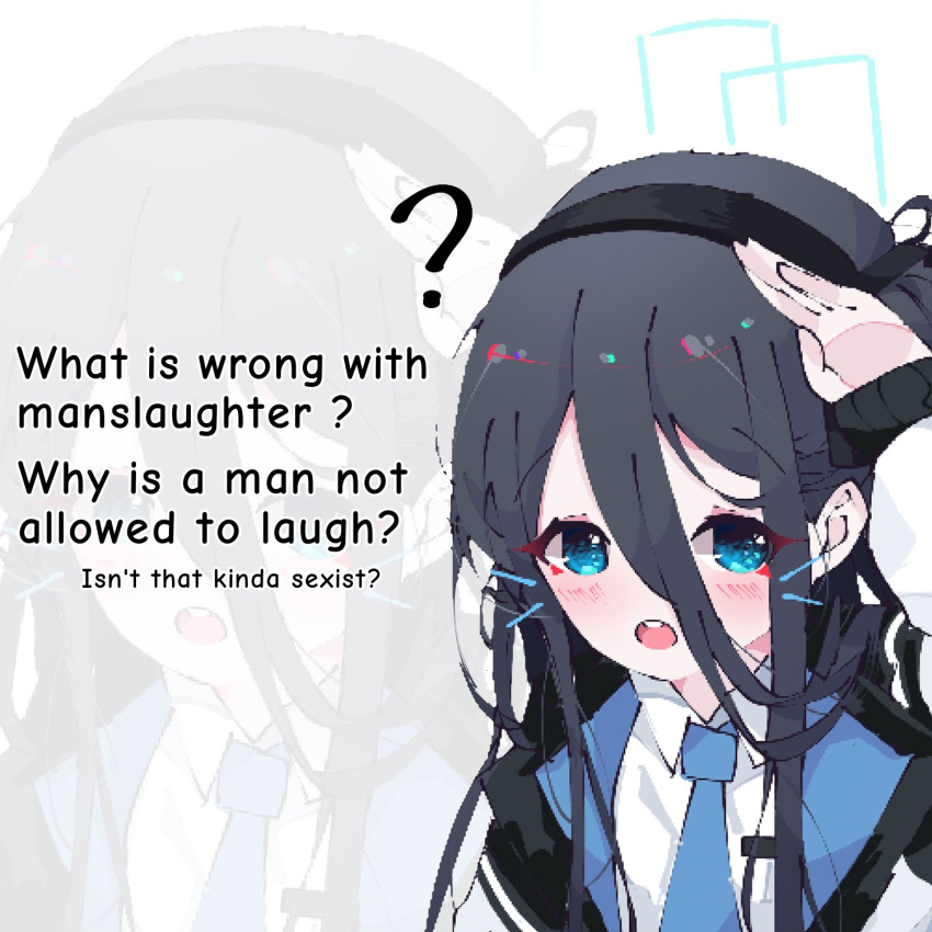 1girl ? aris_(blue_archive) black_hair black_hairband blue_archive blue_eyes blue_necktie blush collared_shirt drawn_whiskers english_text hair_between_eyes hairband hand_on_own_head highres jacket jaggy_lines koyoinacho long_hair necktie open_mouth round_teeth shirt teeth upper_body upper_teeth_only white_shirt zoom_layer