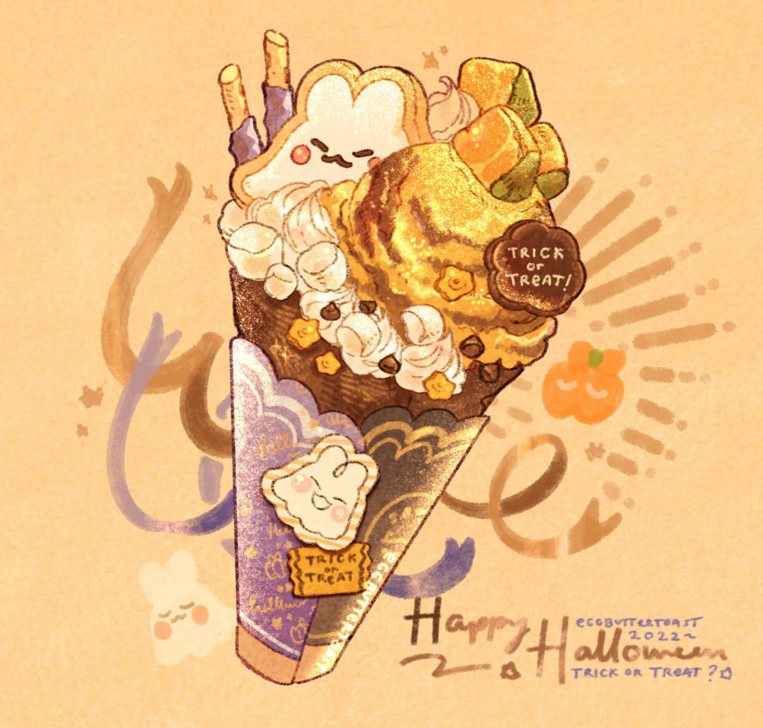 2022 animal-themed_food artist_name cantaloupe cantaloupe_slice chocolate_chip commentary cookie emphasis_lines english_commentary english_text food food_focus fruit ghost gold_ribbon halloween happy_halloween highres ice_cream ice_cream_cone jack-o'-lantern marshmallow nao_(bestrollever) no_humans orange_background original pocky purple_ribbon ribbon simple_background sparkle star_(symbol) trick_or_treat