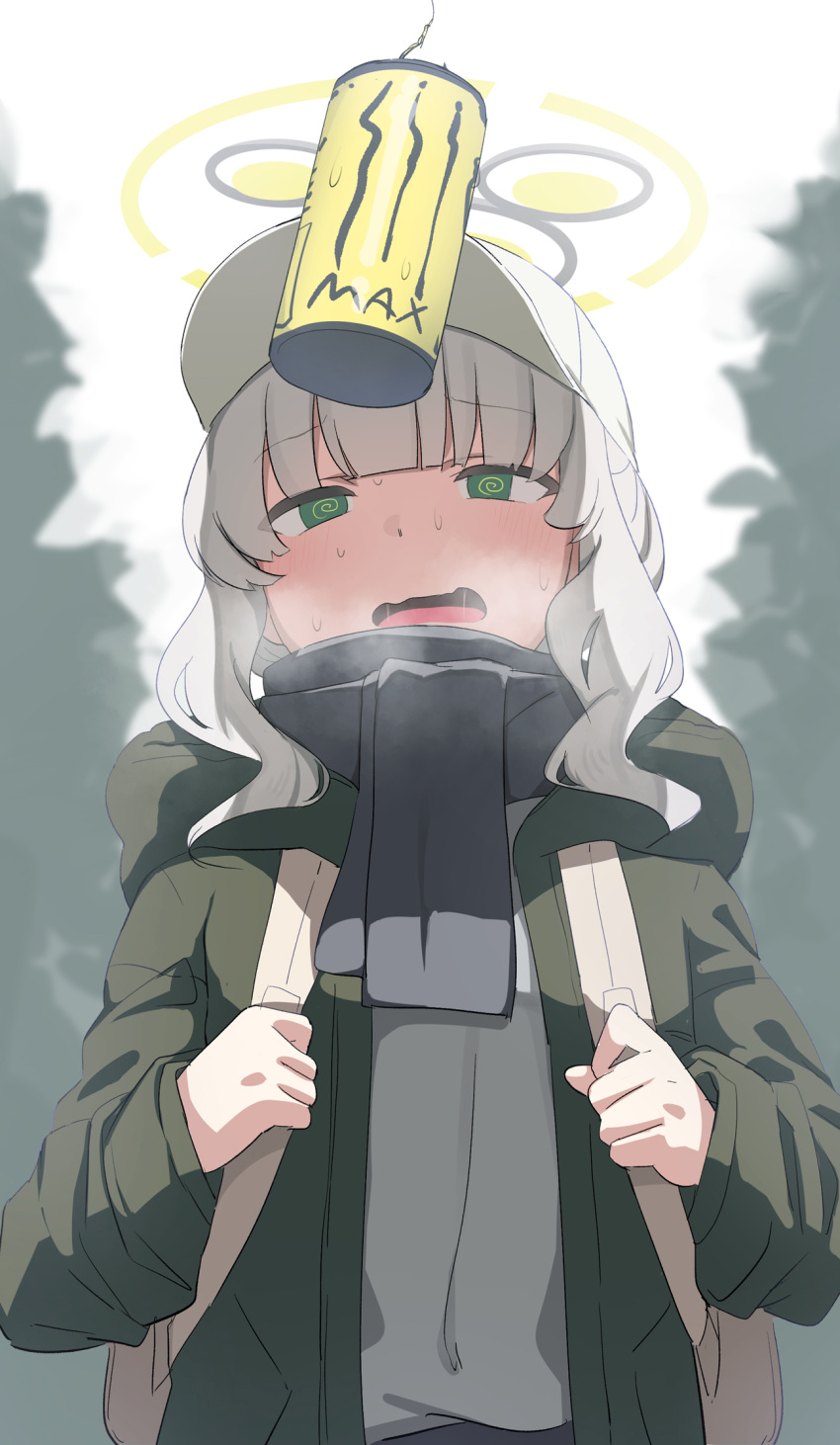 1girl @_@ black_scarf blue_archive blush breath can csham energy_drink green_eyes green_jacket grey_hair hare_(blue_archive) hare_(camp)_(blue_archive) hat heavy_breathing highres hood hood_down hooded_jacket jacket long_hair long_sleeves monster_energy official_alternate_costume open_clothes open_jacket open_mouth ponytail saliva scarf solo white_headwear