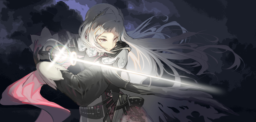 1girl absurdres ammunition_belt arknights black_dress black_gloves commentary_request dress fighting_stance flying_burrito_cat gloves glowing grey_eyes grey_hair gun handgun head_wings highres holding holding_sword holding_weapon holstered irene_(arknights) long_hair long_sleeves rapier solo sword upper_body weapon wind wings