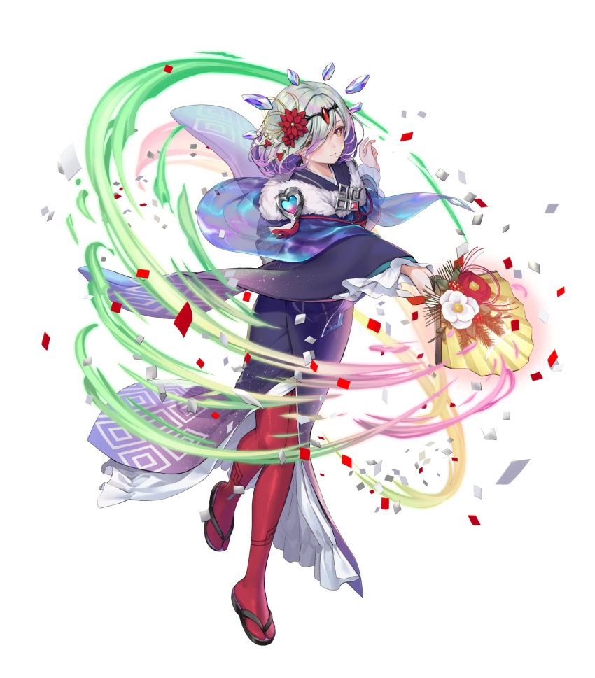 1girl attack crystal fire_emblem fire_emblem_heroes flower green_eyes grey_hair hair_flower hair_ornament hair_over_one_eye hand_fan highres holding holding_fan japanese_clothes kimono kvasir_(fire_emblem) kvasir_(unknown_future)_(fire_emblem) non-web_source official_alternate_costume official_art paper_fan short_hair solo white_background wind
