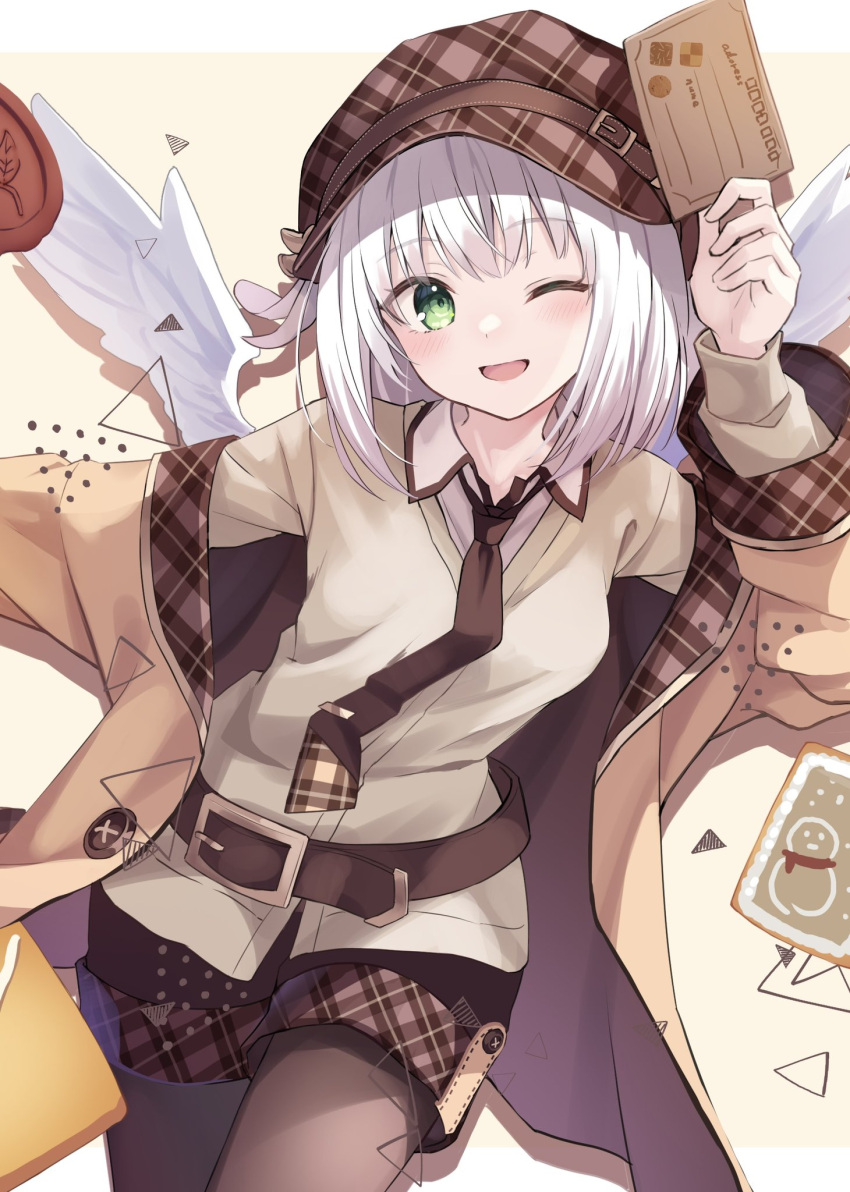 1girl belt brown_belt brown_coat brown_headwear brown_necktie brown_pantyhose coat collared_shirt feathered_wings green_eyes hand_up hat highres holding holding_letter kure~pu letter looking_at_viewer necktie one_eye_closed open_clothes open_coat open_mouth original oshirase-chan_(kure~pu) pantyhose shirt short_hair smile solo standing white_hair white_wings wings