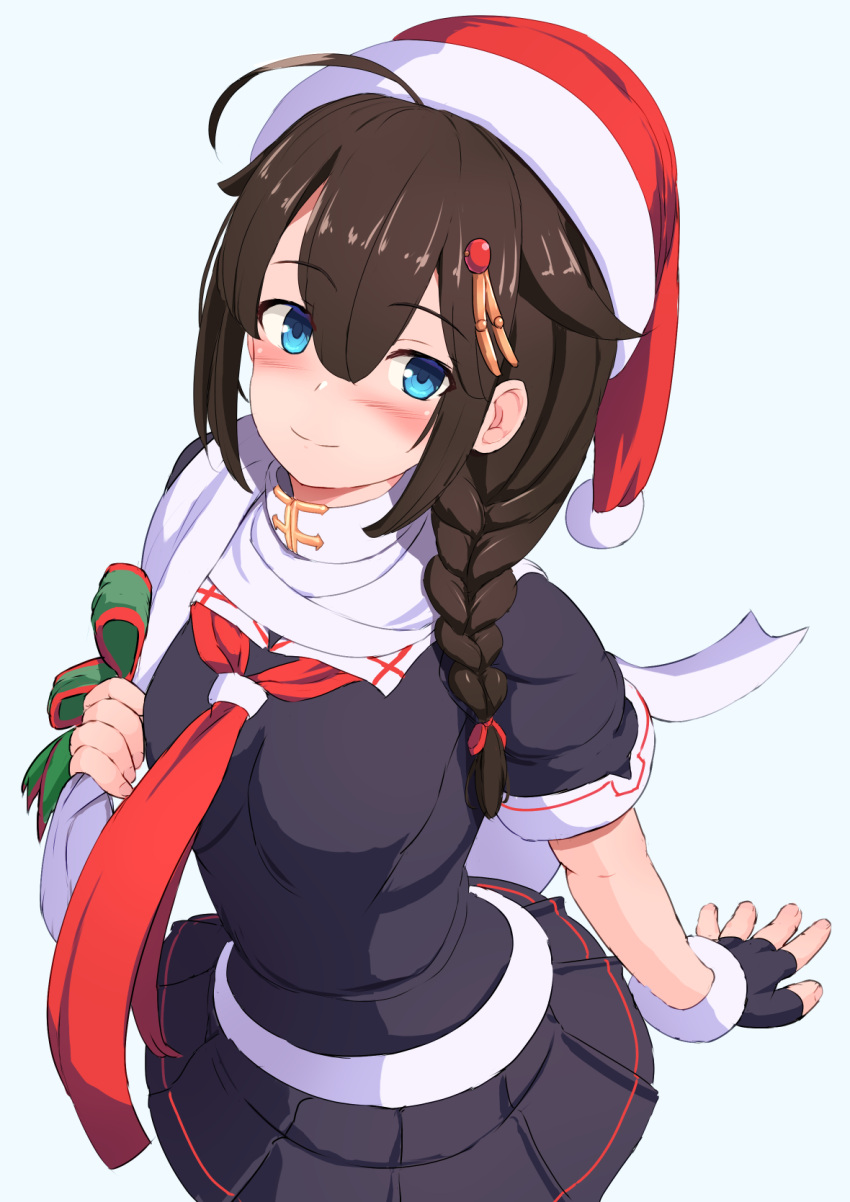 1girl arm_behind_back black_gloves black_serafuku blue_eyes blush braid braided_ponytail breasts brown_hair carrying_bag carrying_over_shoulder commentary_request fingerless_gloves from_above gloves hair_between_eyes hair_ornament hairpin hand_up hat highres kantai_collection long_hair looking_at_viewer miniskirt neckerchief pleated_skirt red_neckerchief santa_hat school_uniform serafuku shigure_(kancolle) single_braid skirt small_breasts smile solo tsukimoto_reiji