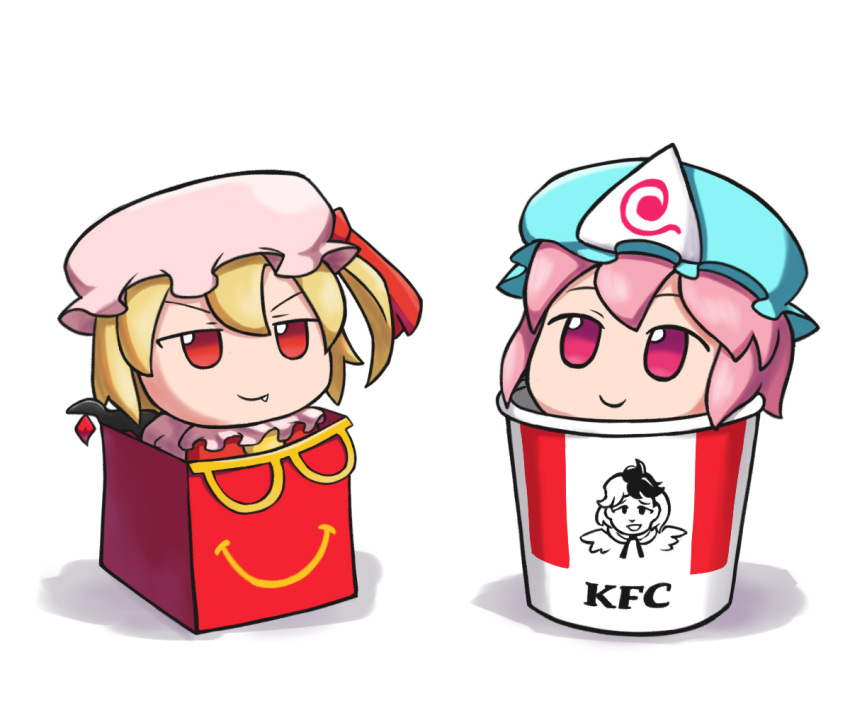 2girls blonde_hair bucket chibi commentary edgycat flandre_scarlet fumo_(doll) happy_meal hat in_bucket in_container kfc mcdonald's mob_cap multiple_girls one_side_up pink_hair red_eyes saigyouji_yuyuko smile touhou v-shaped_eyebrows violet_eyes