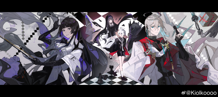 2boys 2girls abstract_background absurdres aged_down ahoge antenna_hair arknights artist_name ascot bare_legs belt black_ascot black_belt black_capelet black_footwear black_gloves black_hair black_halo black_jacket black_ribbon black_shirt black_shorts black_skirt black_wings blouse blue_eyes blue_hair blue_wings blunt_bangs board_game bow_(music) breasts broken_halo buttons cable capelet chess chess_piece chessboard chinese_commentary cloak clone closed_mouth collared_jacket collared_shirt colored_inner_hair commentary_request cousins crossed_bangs cube dark_halo detached_wings dress_shirt earpiece elbow_gloves energy_wings executor_(arknights) executor_the_ex_foedere_(arknights) expressionless fingerless_gloves fingernails floating_cape floating_clothes floating_hair from_above from_side full_body gloves grey_background grey_eyes grey_hair grey_shirt hair_between_eyes halo hand_up happy high_collar high_heels highres hime_cut holding holding_bow_(music) holding_chess_piece jacket king_(chess) kiolkoooo layered_sleeves letterboxed light_particles long_bangs long_hair looking_at_another looking_at_viewer looking_down looking_to_the_side looking_up mechanical_halo medal medium_breasts messy_hair mole mole_under_eye multicolored_hair multiple_boys multiple_girls neck_ribbon necktie official_alternate_costume parted_lips pawn_(chess) pumps purple_hair queen_(chess) red_cloak ribbon rook_(chess) shade shirt shoes short_hair short_shorts short_sleeves shorts sidelocks skirt smile socks square_neckline standing straight_hair strap tongue turning_head turtleneck turtleneck_jacket two-sided_capelet two-sided_fabric two-sided_skirt two-tone_cloak two-tone_hair upper_body very_long_hair virtuosa_(arknights) walking watermark weibo_logo weibo_username white_cloak white_jacket white_necktie white_socks wide_sleeves wing_collar wings