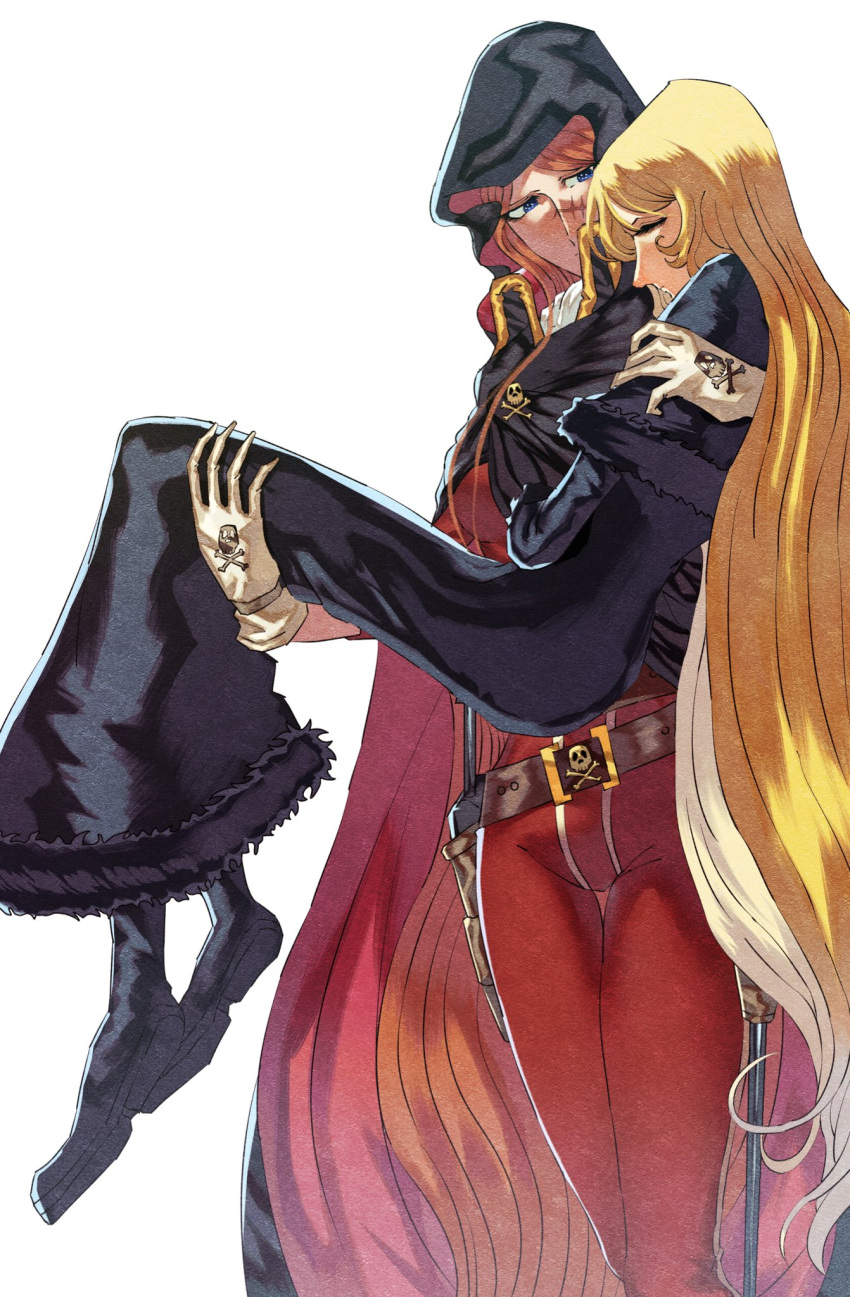 2girls black_cape black_dress blonde_hair blue_eyes cape carrying dress emeraldas ginga_tetsudou_999 gloves highres holster hood hood_up long_hair looking_at_another looking_down maetel multiple_girls orange_hair pants red_pants scar scar_on_face skull_and_crossbones slllle1 thigh_holster unconscious very_long_hair white_background white_gloves