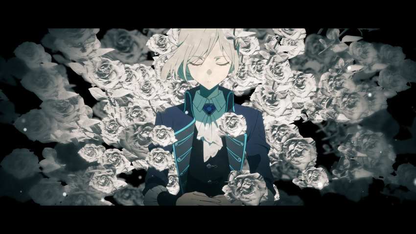 1girl ascot black_background black_vest blue_coat closed_eyes closed_mouth coat collared_shirt commentary_request flower grey_hair hair_bun highres letterboxed long_sleeves nakazawa_yuki purple_brooch reverse:1999 rose shirt simple_background single_side_bun solo upper_body vertin_(reverse:1999) vest white_ascot white_flower white_rose white_shirt