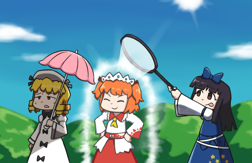 3girls black_hair blonde_hair blue_sky brown_eyes clouds commentary dress drill_hair edgycat hands_on_own_hips hat holding holding_magnifying_glass holding_umbrella hot luna_child magnifying_glass multiple_girls orange_hair parasol quad_drills red_skirt skirt skirt_set sky star_sapphire sun sunny_milk sweat tongue tongue_out touhou two_side_up umbrella white_dress wide_sleeves