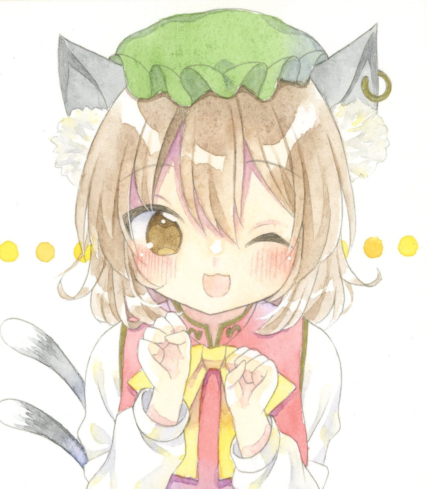 1girl ;3 ;d animal_ear_fluff animal_ears blush bow bowtie brown_eyes brown_hair cat_ears cat_tail chen commentary_request double-parted_bangs gold_trim green_headwear hair_between_eyes hands_up happy hat highres kagome_f long_sleeves looking_at_viewer mob_cap multiple_tails nekomata one_eye_closed open_mouth paw_pose puffy_long_sleeves puffy_sleeves red_vest simple_background smile solo tail touhou two_tails upper_body vest white_background yellow_bow yellow_bowtie