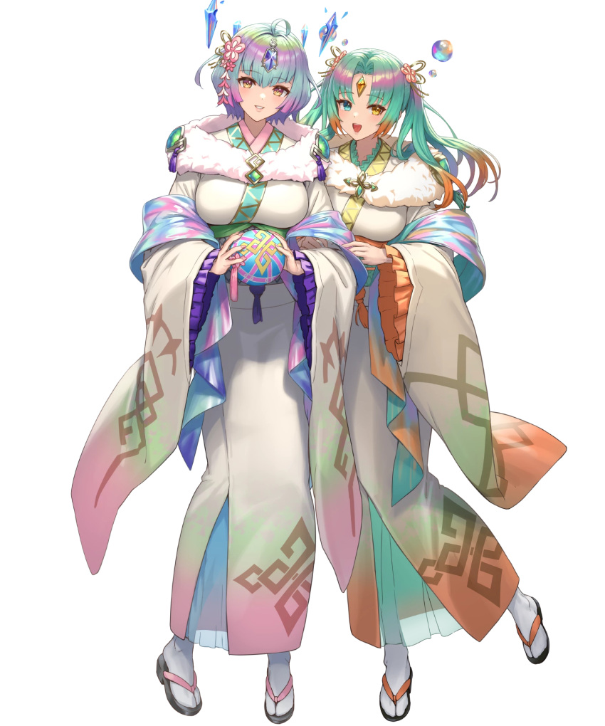 2girls ahoge aqua_eyes ball breasts bubble crystal cuboon fire_emblem fire_emblem_heroes forehead_jewel full_body heidr_(fire_emblem) highres holding holding_ball japanese_clothes jewelry kimono large_breasts multicolored_hair multiple_girls non-web_source obi official_alternate_costume official_art open_mouth parted_lips purple_hair sandals sash second-party_source seidr_(fire_emblem) seidr_(new_year)_(fire_emblem) short_hair smile solo tabi teeth white_background yellow_eyes
