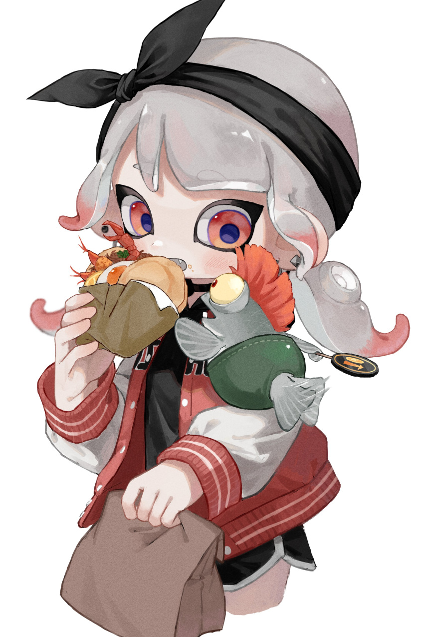 1girl absurdres bag black_bow black_hairband black_shorts bow eating egg fang food gradient_hair grey_hair grey_trim hairband highres holding holding_bag jacket letterman_jacket long_hair low_twintails multicolored_hair myon_rio octoling octoling_girl open_mouth red_eyes redhead short_shorts shorts shrimp shrimp_tempura simple_background smallfry_(splatoon) solo splatoon_(series) tempura tentacle_hair twintails two-tone_hair white_background