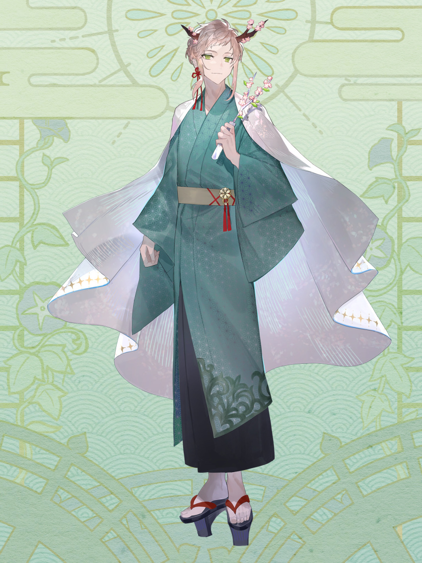 1boy ame_tyaya antlers asa_no_ha_(pattern) black_footwear branch brown_hair brown_sash cape clenched_hand closed_mouth dairoku_ryouhei flower flower_knot full_body green_background green_eyes green_kimono hand_up highres holding holding_branch japanese_clothes kimono looking_at_viewer nonose_wa okobo pink_flower sandals seigaiha short_bangs short_hair sidelocks smile solo standing white_cape