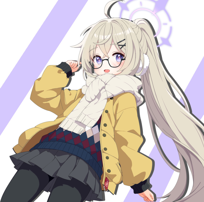 1girl ahoge black-framed_eyewear black_pantyhose black_skirt blonde_hair blue_archive blush cowboy_shot earmuffs glasses hair_between_eyes halo highres jacket kotama_(blue_archive) kotama_(camp)_(blue_archive) long_hair looking_at_viewer mutsuse official_alternate_costume open_clothes open_jacket open_mouth pantyhose pleated_skirt purple_halo scarf skirt smile solo violet_eyes white_scarf yellow_jacket