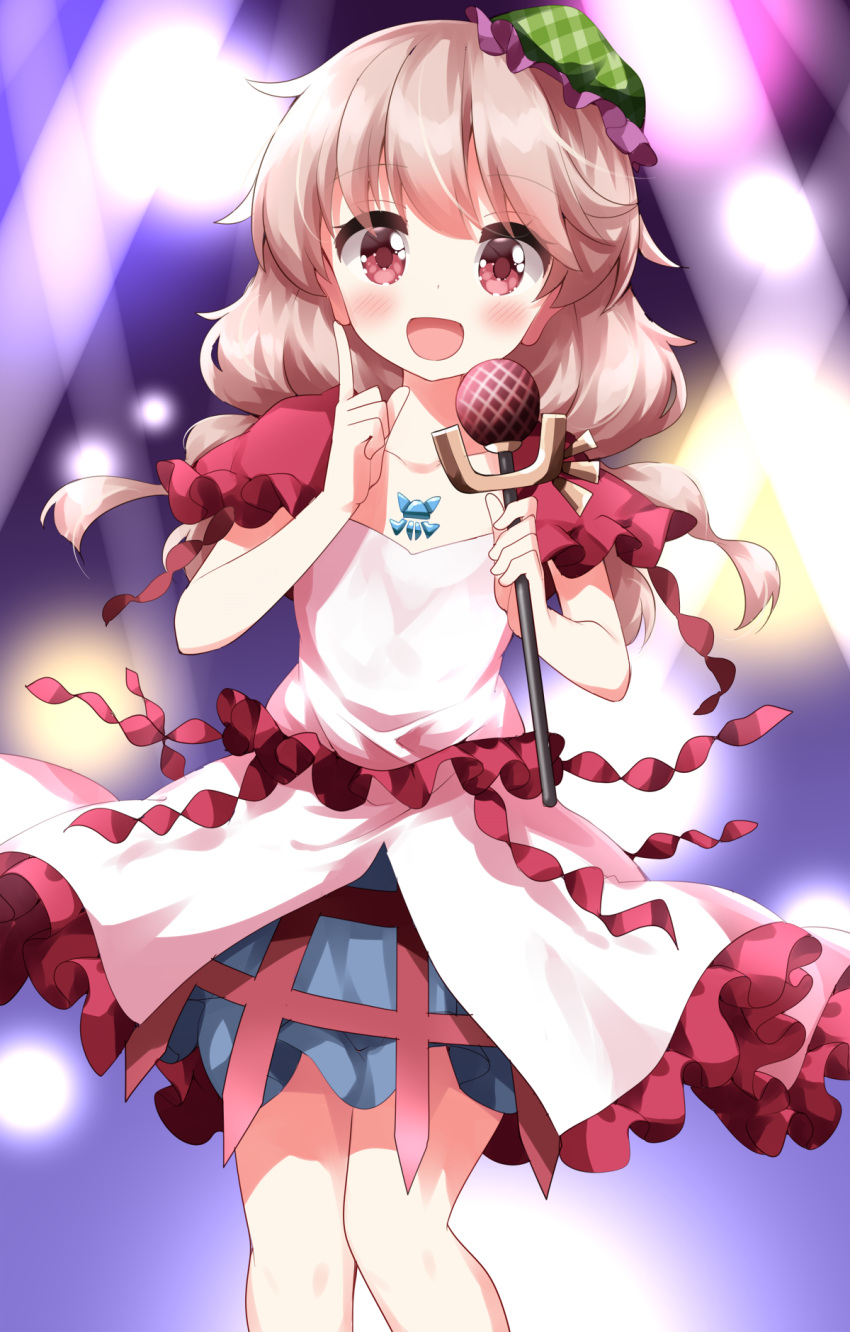1girl :d blurry blurry_background brown_eyes brown_hair commentary_request ebisu_eika frilled_shirt frilled_skirt frills green_headwear hat highres holding holding_microphone medium_hair microphone mini_hat open_mouth ruu_(tksymkw) shirt short_sleeves skirt smile solo stage_lights touhou white_shirt white_skirt
