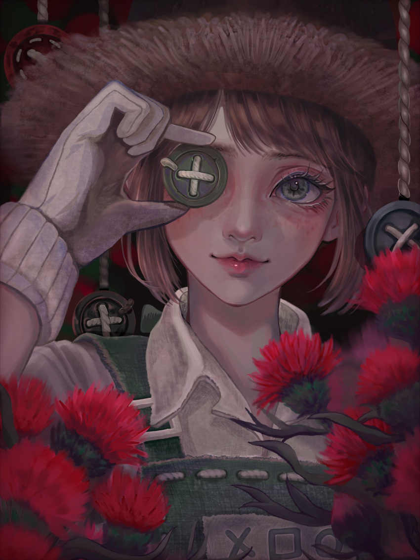 1girl apron brown_hair brown_headwear buttons closed_mouth collared_shirt covering_one_eye emma_woods flower freckles gloves green_apron green_eyes hand_up hat highres holding_button identity_v lips plant realistic red_flower red_lips samerayu shirt short_hair smile solo straw_hat upper_body white_gloves white_shirt wing_collar
