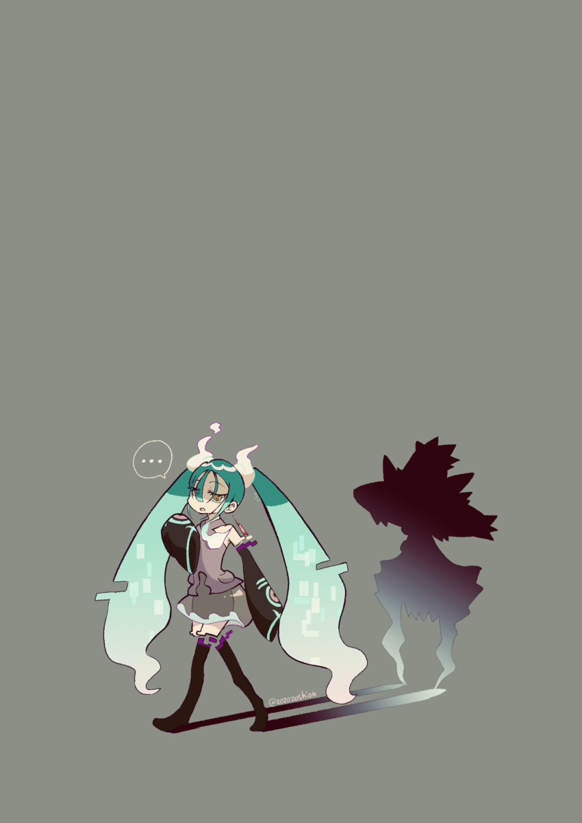 ... 1girl aqua_hair artist_name commentary detached_sleeves different_shadow full_body ghost_miku_(project_voltage) glitch gradient_hair grey_background hair_between_eyes hatsune_miku highres long_hair mismagius multicolored_hair pokemon pokemon_(creature) print_sleeves project_voltage see-through see-through_skirt shadow silhouette simple_background skirt symbol-only_commentary thought_bubble twintails twitter_username two-tone_hair very_long_hair vocaloid walking white_hair zozozoshion