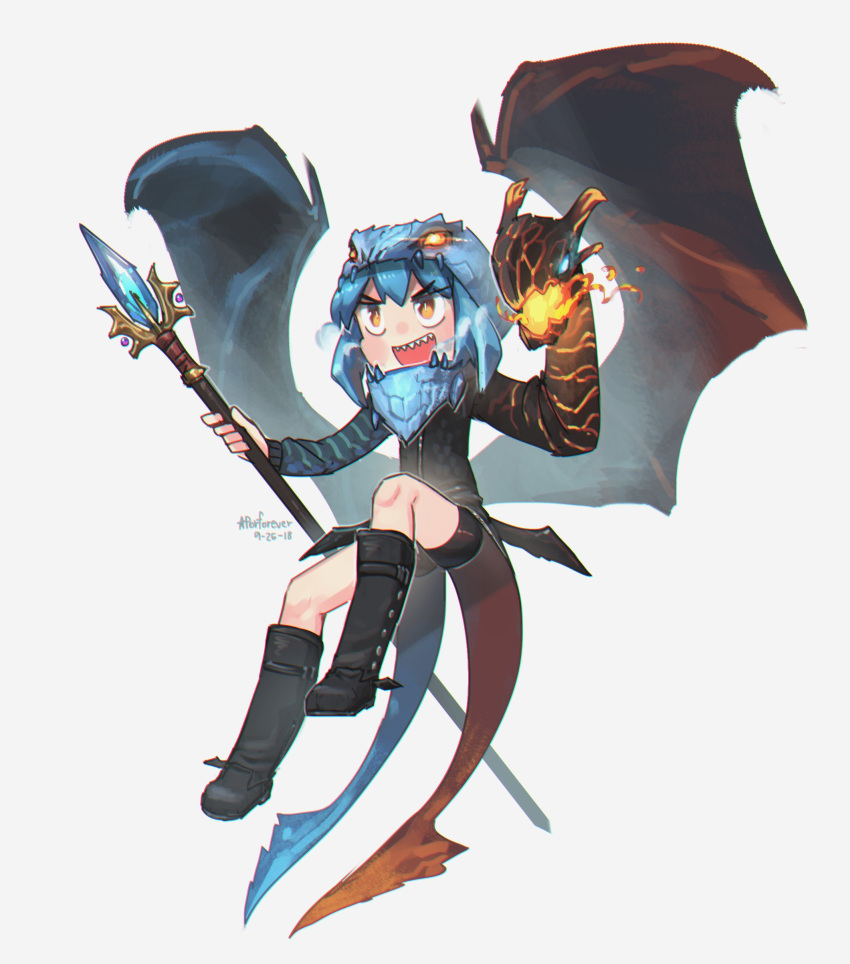 1girl :d absurdres black_footwear black_jacket black_shorts blue_hair boots dota_(series) dota_2 dragon_girl dragon_tail dragon_wings english_commentary full_body grey_background highres holding holding_scepter jacket jakiro_(dota) knee_boots long_sleeves open_mouth porforever scepter sharp_teeth short_hair shorts simple_background smile solo tail teeth v-shaped_eyebrows wings yellow_eyes