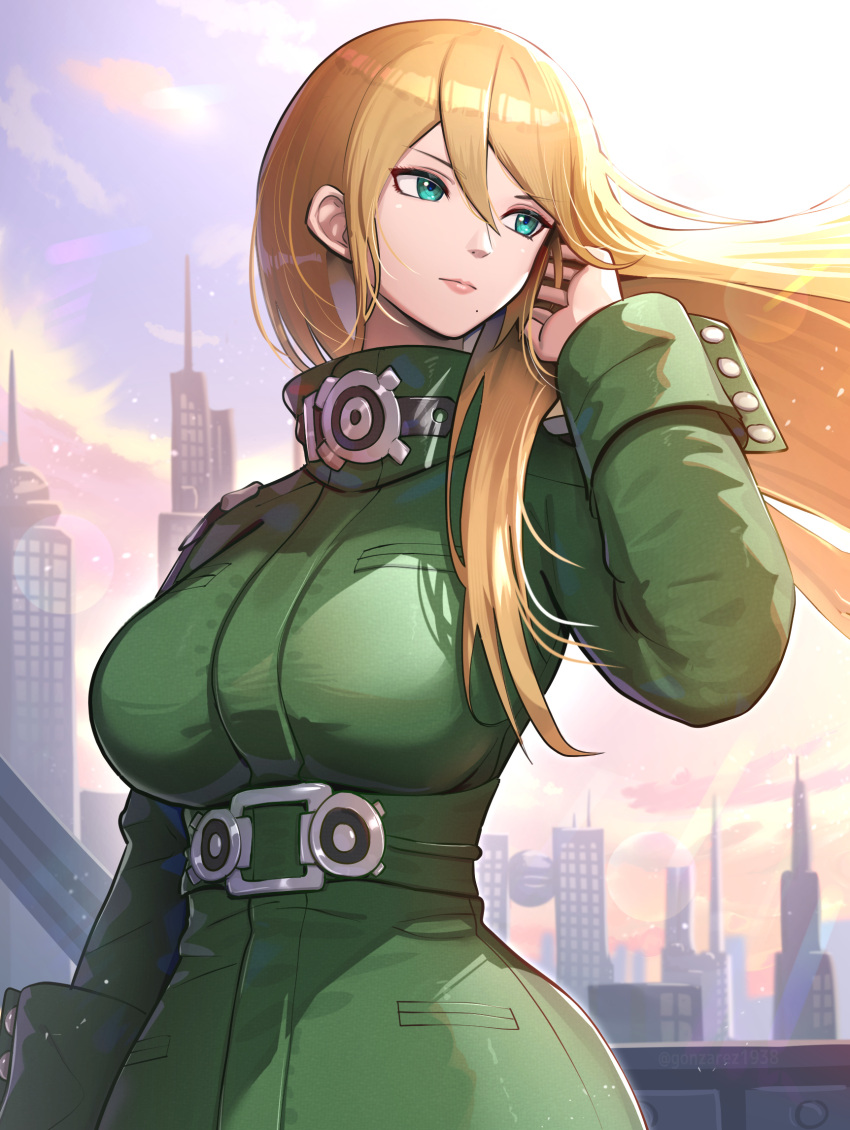 1girl arm_at_side blonde_hair blue_eyes breasts building cityscape closed_mouth clouds cloudy_sky commentary_request cowboy_shot cuff_links cuffs dutch_angle floating_hair from_below gonzarez green_shirt hair_between_eyes hand_in_own_hair hand_up highres lips long_hair long_sleeves looking_to_the_side metroid military military_uniform mole mole_under_mouth official_alternate_costume revision samus_aran shirt sky skyline skyscraper smile solo standing sunrise sunset uniform