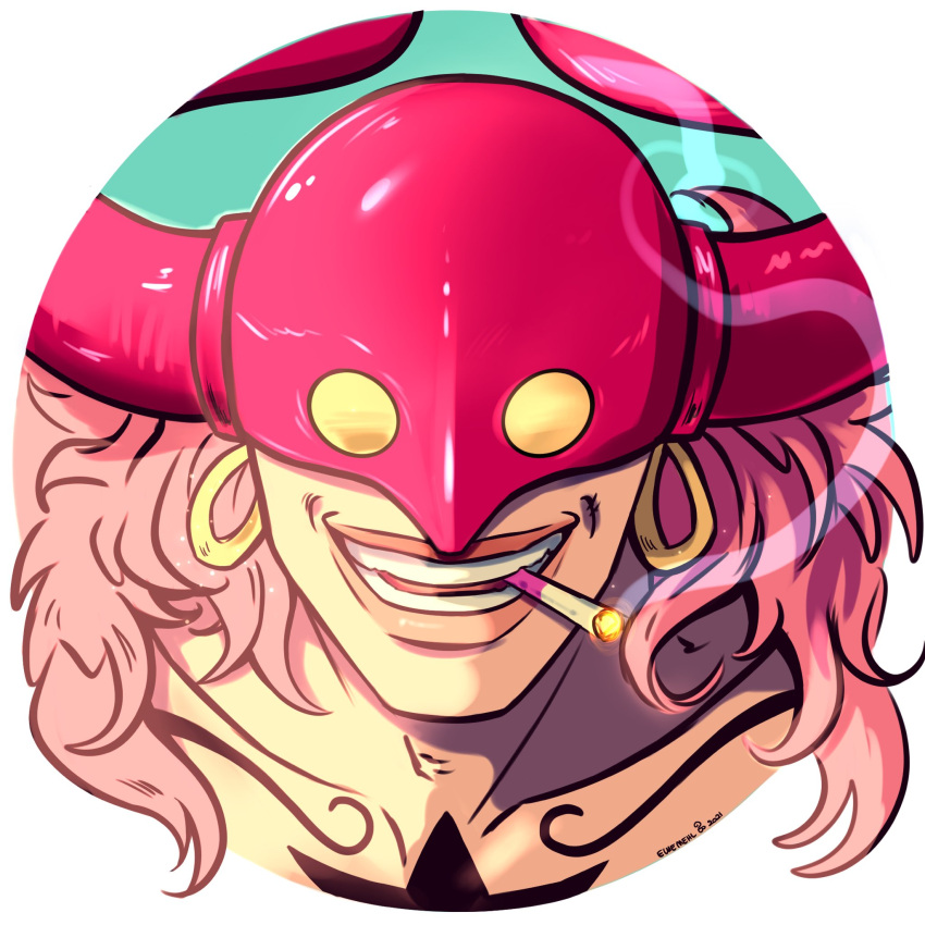 1boy chest_tattoo cigarette close-up earrings ellie_mehl english_commentary eye_mask highres horns jewelry long_hair male_focus one_piece pink_hair simple_background smile smoke solo tattoo who's_who_(one_piece)
