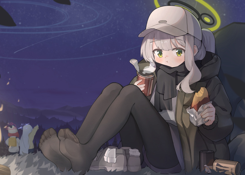 3girls absurdres black_pantyhose black_scarf blue_archive blush closed_mouth eating food green_eyes green_jacket grey_hair grey_headwear halo hare_(blue_archive) hare_(camp)_(blue_archive) hat highres holding holding_food hood hood_down hooded_jacket jacket kotama_(blue_archive) kotama_(camp)_(blue_archive) long_hair looking_at_viewer maki_(blue_archive) maki_(camp)_(blue_archive) mofftarkin multiple_girls official_alternate_costume open_clothes open_jacket pantyhose ponytail scarf shoes sweet_potato unworn_shoes