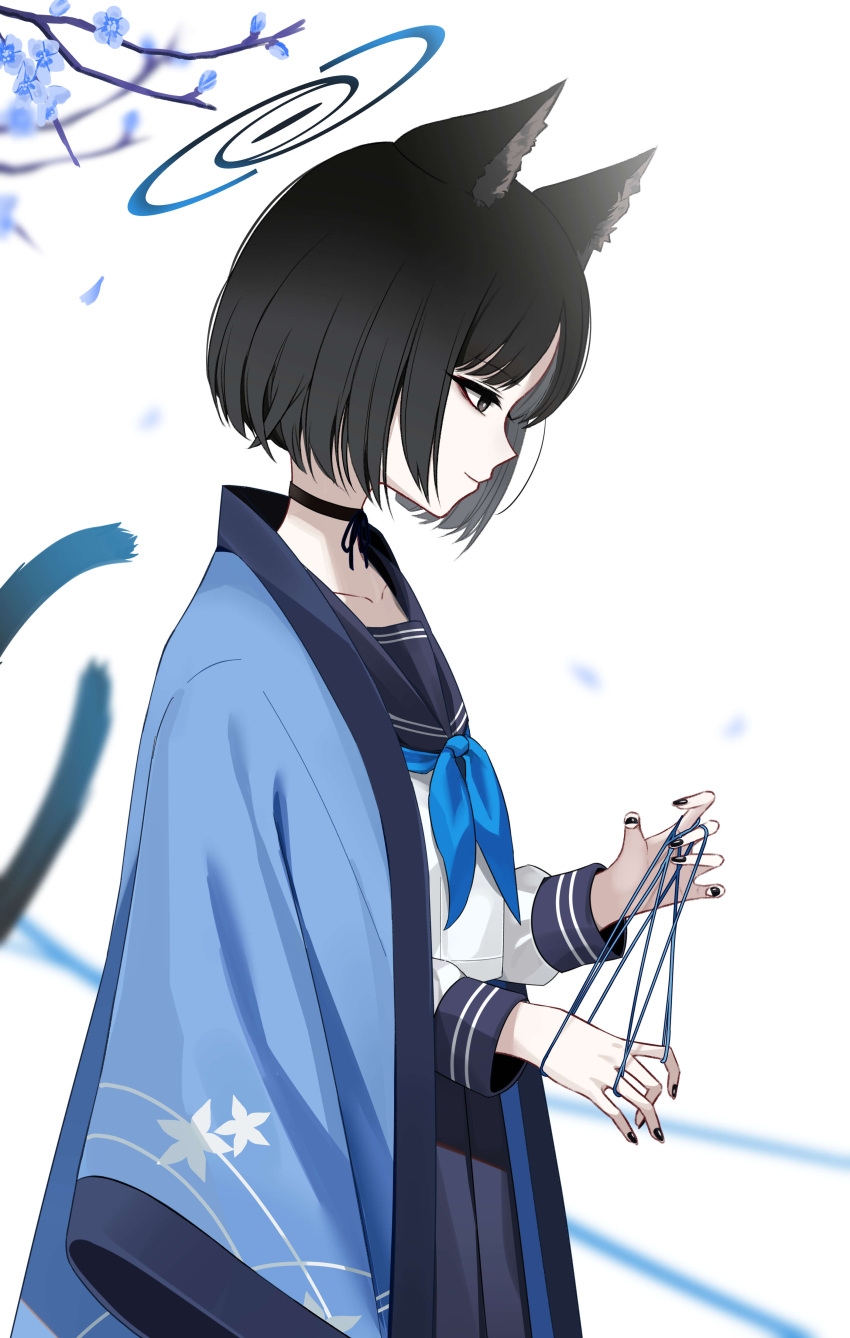 1girl absurdres animal_ears black_eyes black_hair black_nails black_sailor_collar black_skirt blue_archive blue_flower blue_halo blue_neckerchief cat's_cradle cat_ears cat_tail closed_mouth fingernails flower from_side halo haori highres japanese_clothes kikyou_(blue_archive) long_sleeves multiple_tails nail_polish neckerchief pleated_skirt profile sailor_collar school_uniform serafuku short_hair skirt solo tail two_tails wasi