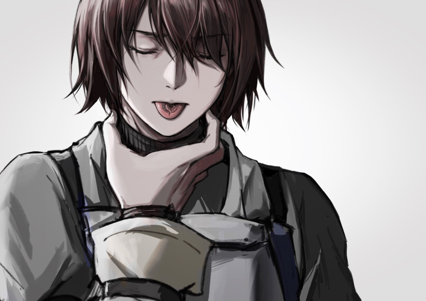 1boy apron brown_hair character_request check_gender chinese_commentary closed_mouth commentary drag-on_dragoon drag-on_dragoon_1 grey_apron grey_background grey_shirt hand_on_own_neck highres ikooto111 magic_circle male_focus shirt short_hair solo strangling tongue tongue_out tongue_tattoo turtleneck turtleneck_shirt upper_body